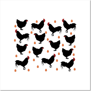 Chickens, cockerels and eggs on white Posters and Art